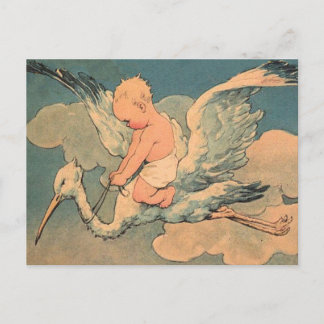 Baby auf einem Storch Postkarte