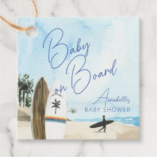 Baby auf Surfboard Strand Blau Jungen Baby-Party Geschenkanhänger