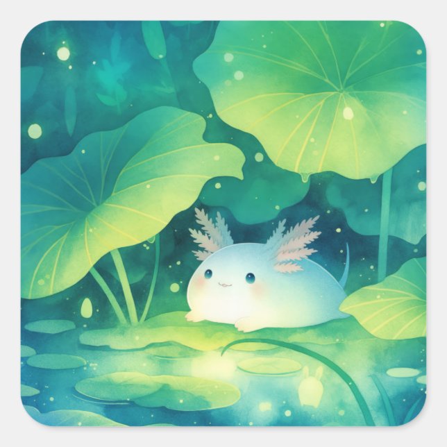 Baby Axolotl Blume Pond Quadratischer Aufkleber (Vorderseite)