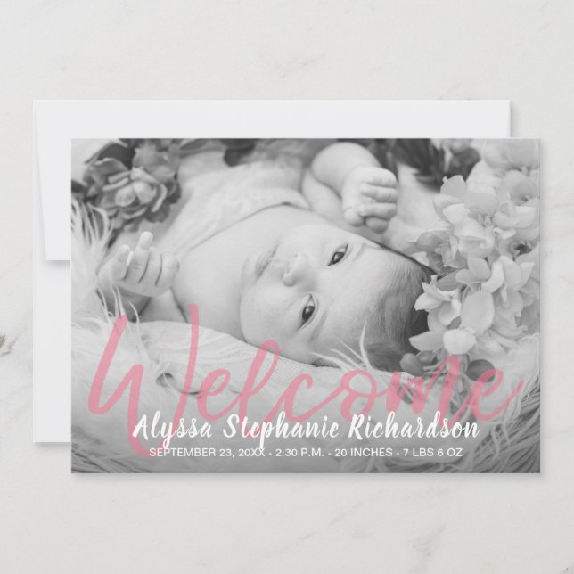 Baby B&W Pink Foto Begrüßung Geburtserklärung Einladung (Vorderseite)