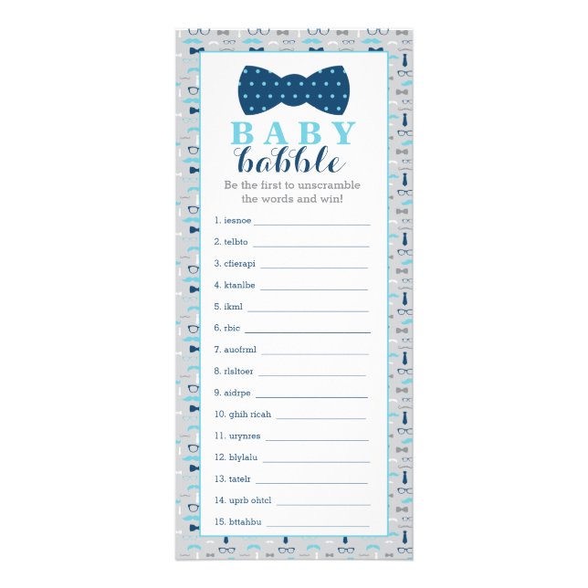 Baby Babble Game, Bow Krawatte Babydusche Werbekarte (Vorne)