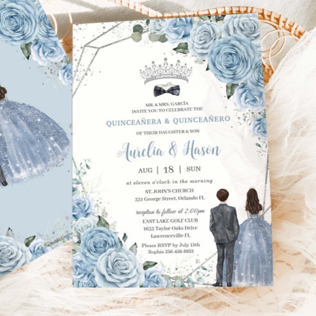 Baby Baby Blue Floral Twins Boy Girl Quinceañera Einladung (Von Creator hochgeladen)