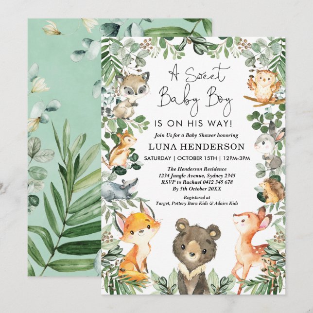 Baby Baby Boy Woodland Forest Animals Kinderdusche Einladung (Vorne/Hinten)