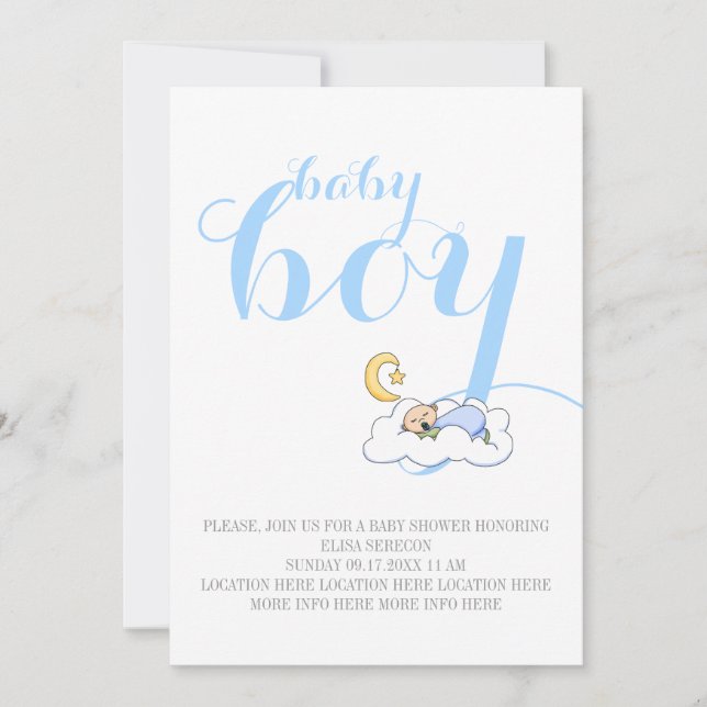 Baby Baby Dusche Blauer Text minimal Einladung (Vorderseite)