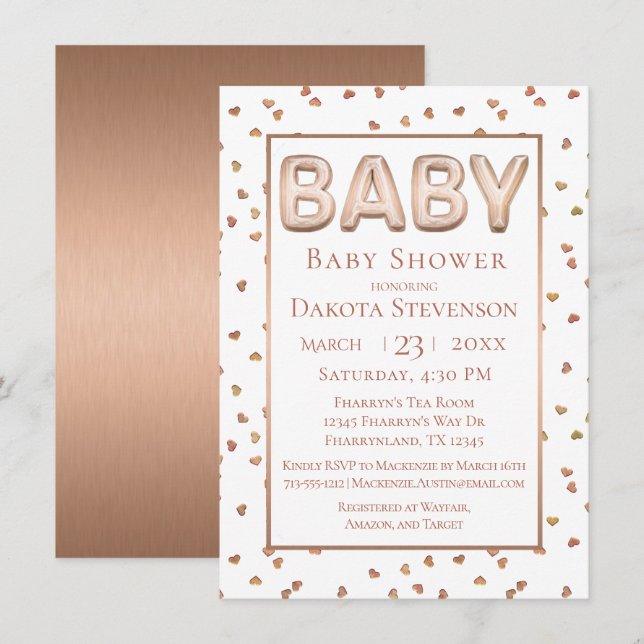 Baby Balloon | Elegante Rose Gold Baby Dusche Einladung (Vorne/Hinten)