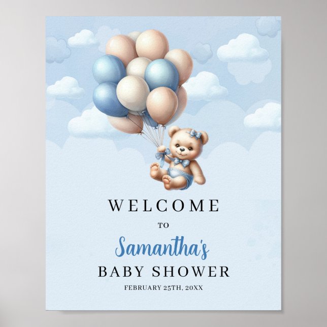 Baby Bär blaue Elfenbeinballons Baby Dusche Empfan Poster (Vorne)