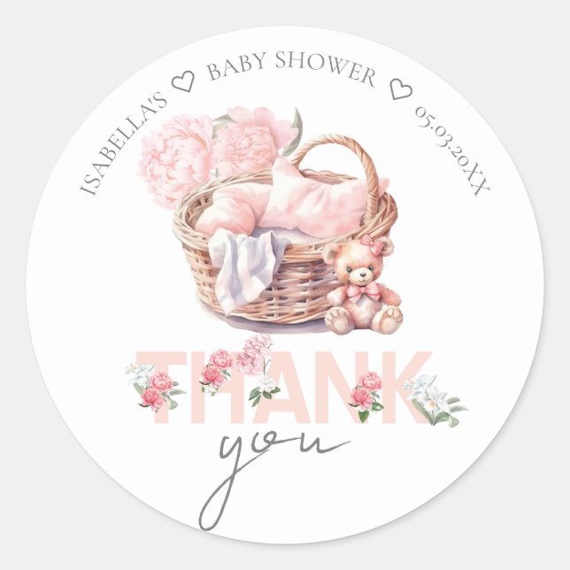 Baby Basket Personalisiert Danke Baby Dusche Runder Aufkleber (Vorderseite)