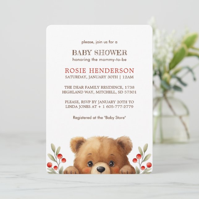 Baby Bear And Rowan Berries Baby Shower Einladung (Stehend Vorderseite)