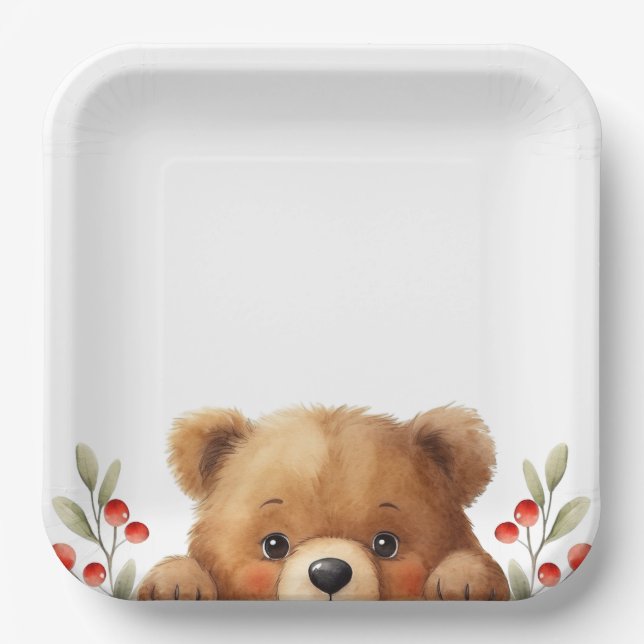 Baby Bear And Rowan Berries Baby Shower Pappteller (Vorderseite)