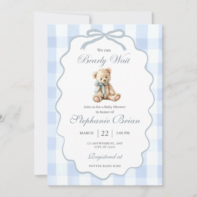 Baby Bear Baby Shower Invitation Editable Pale Blu Einladung (Vorderseite)