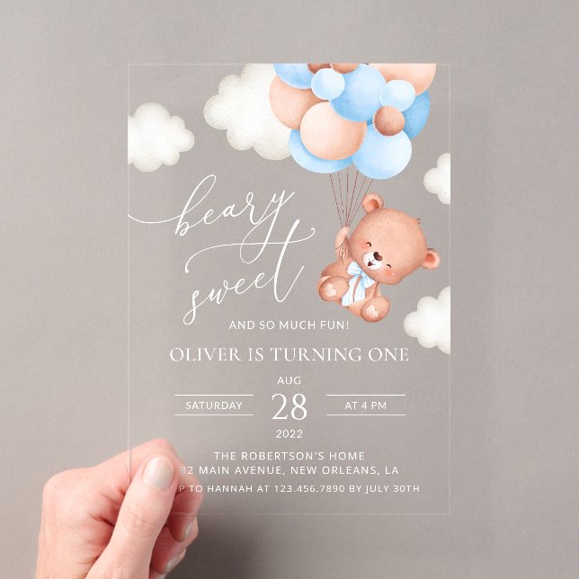 Baby Bear, Blue Balloons, erster Geburtstag Acryleinladungen (Insitu (Handheld))