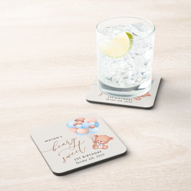 Baby Bear, Blue Balloons, erster Geburtstag Getränkeuntersetzer (Rechte Seite)