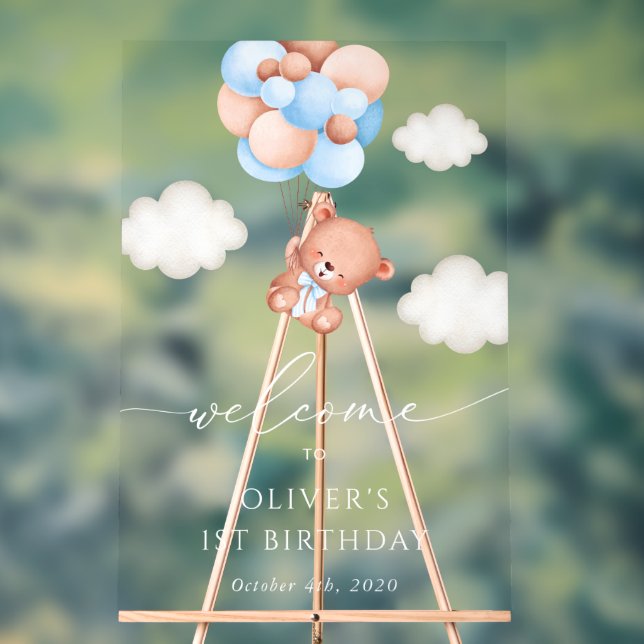 Baby Bear, Blue Balloons, Erster Geburtstag Willko Acrylschild (Neutral)