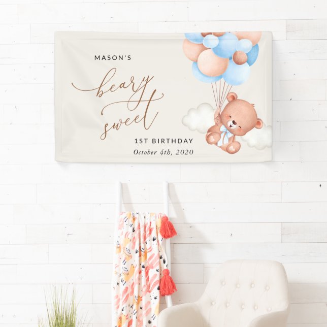 Baby Bear, Blue Balloons, Erster Geburtstag Willko Banner (Insitu)
