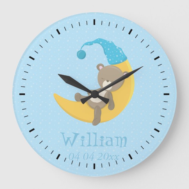Baby Bear Blue Schlafen auf dem Mond II Große Wanduhr (Vorderseite)
