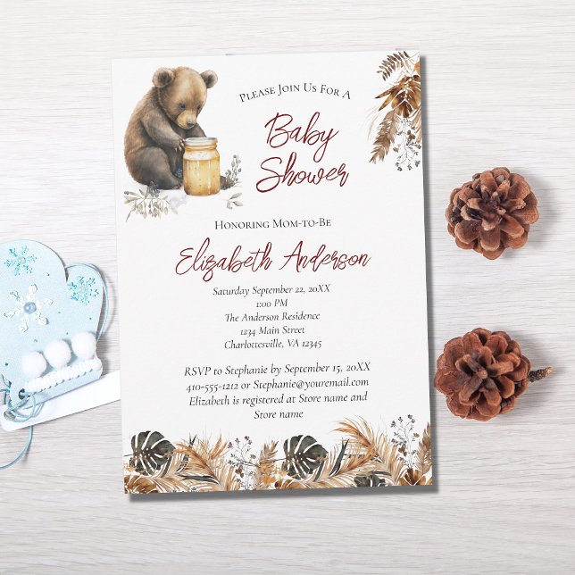Baby Bear Boho Brown Botanical Floral Baby Dusche Einladung (Von Creator hochgeladen)