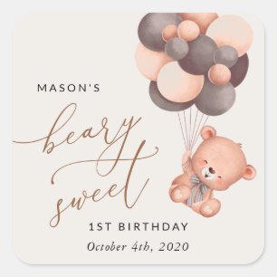 Baby Bear, Brauner Balloons, erster Geburtstag Quadratischer Aufkleber