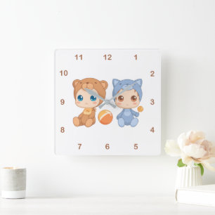 Baby Bear Cat Jumpsuit Twins 2 Quadratische Wanduhr
