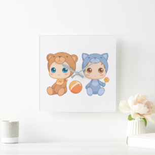 Baby Bear Cat Jumpsuit Twins Quadratische Wanduhr