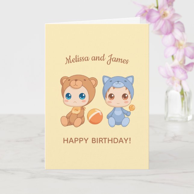 Baby Bear Cat Twins Geburtstag Gelbe Blase Karte (Orchidee)