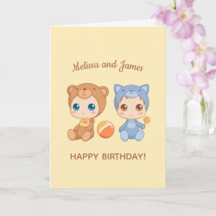 Baby Bear Cat Twins Geburtstag Gelbe Blase Karte