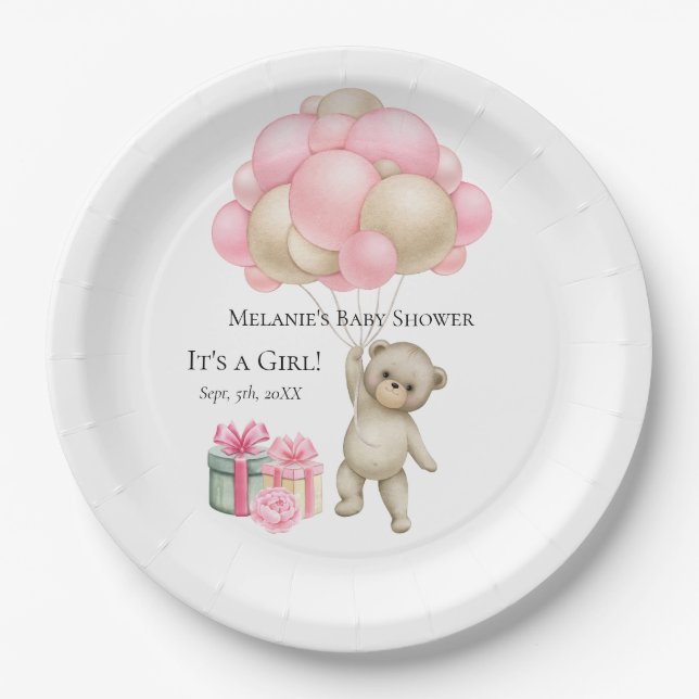 Baby Bear Girl Pink Balloons | Teller aus Papier (Vorderseite)