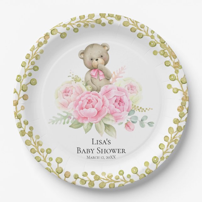 Baby Bear Girl Pink Blume | Teller aus Papier (Vorderseite)