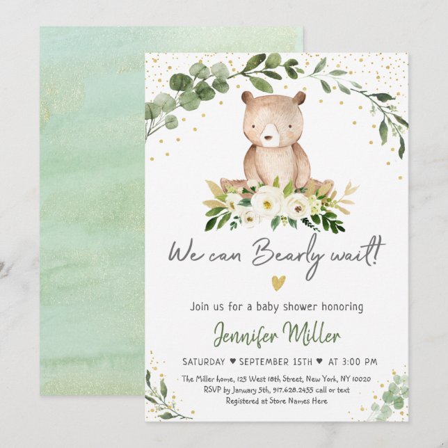 Baby Bear Greenery Gold Floral Baby Dusche Einladung (Vorne/Hinten)