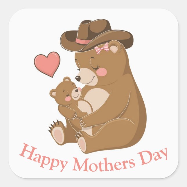 Baby Bear Happy Mother Day Quadratischer Aufkleber (Vorderseite)