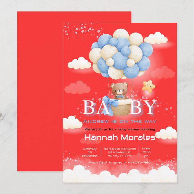Baby Bear mit Balloons Babydusche Einladung (Vorne/Hinten)