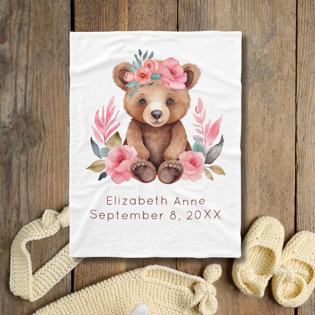 Baby Bear Pink Blume Aquarell Geschenk Baby Fleecedecke (Baby Bear Pink Flowers Birth Stats Personalized Baby Girl baby blanket)