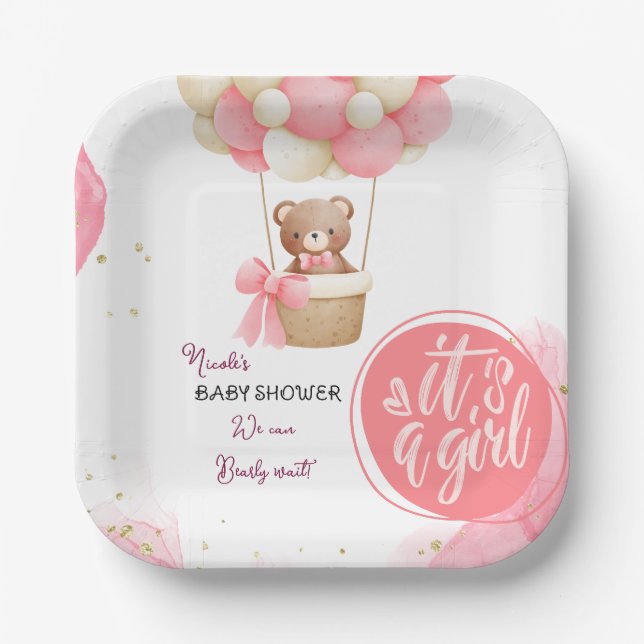 Baby Bear Pink Gold Heißluftballon Babydusche Pappteller (Vorderseite)