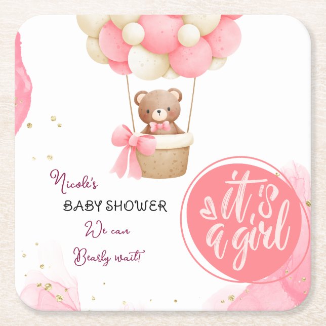 Baby Bear Pink Gold Heißluftballon Babydusche Rechteckiger Pappuntersetzer (Vorderseite)