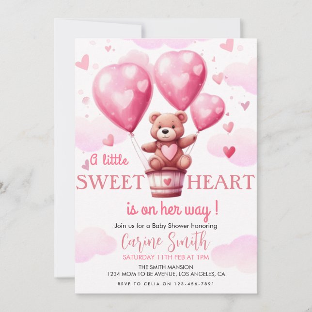 Baby Bear Pink Heart Balloon Baby Dusche Einladung (Vorderseite)