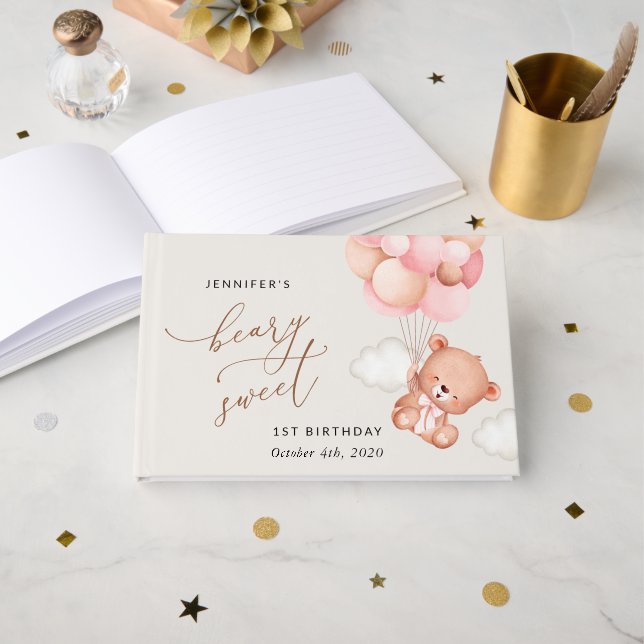 Baby Bear, rosa Balloons, erster Geburtstag Gästebuch (Vorderseite Offen)