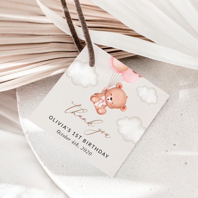 Baby Bear, rosa Balloons, erster Geburtstag Geschenkanhänger (Von Creator hochgeladen)