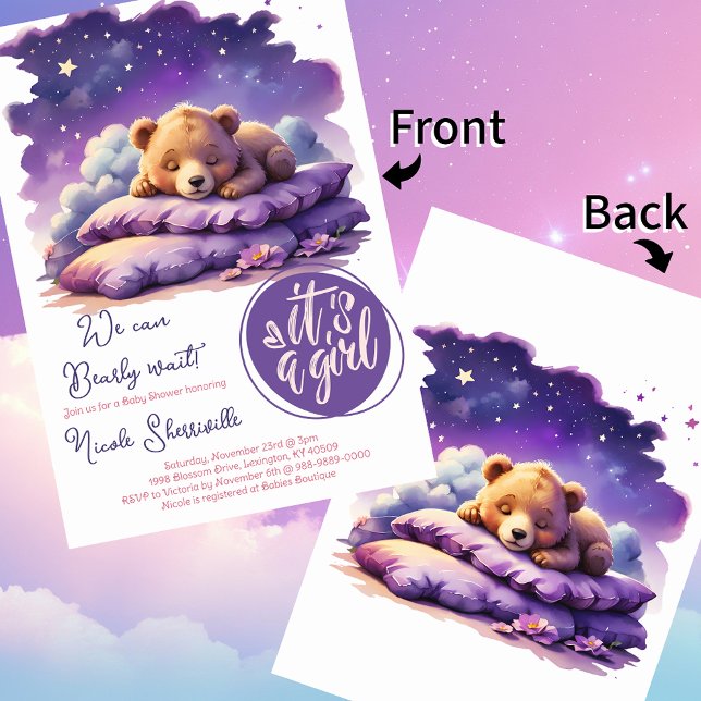 Baby Bear Schlafen Lila Galaxy Girl Babydusche Einladung (Sweet sleepy bear it's a girl pink and purple baby shower invitations)