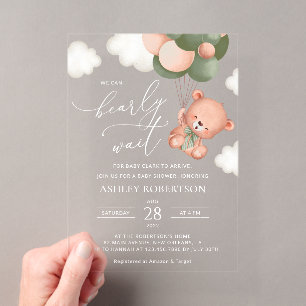 Baby Bear, Teddy Bear, Grüne Balloons, Babydusche Acryleinladungen