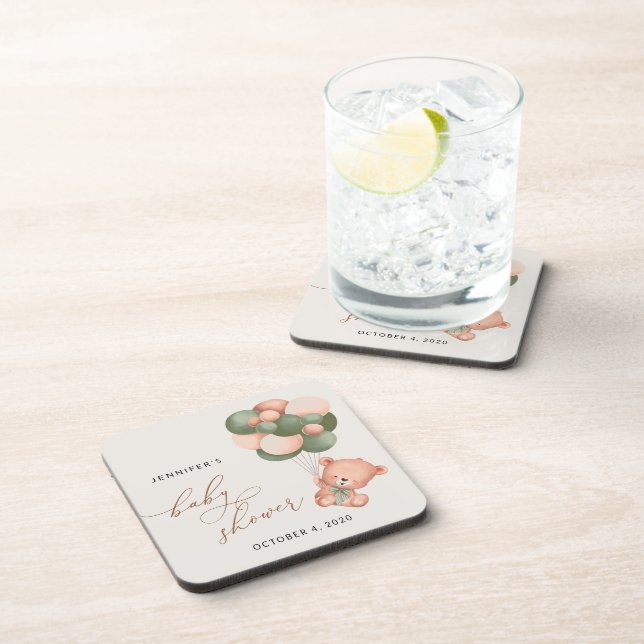 Baby Bear, Teddy Bear, Grüne Balloons, Babydusche Getränkeuntersetzer (Rechte Seite)