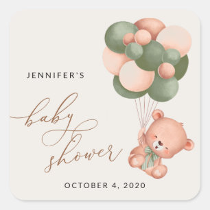 Baby Bear, Teddy Bear, Grüne Balloons, Babydusche Quadratischer Aufkleber