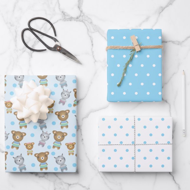 Baby Bear und Zebra, Polka Dot Geschenkpapier Set (Vorderseite)