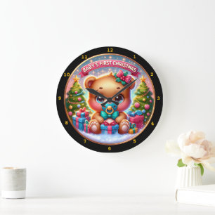Baby Bear Weihnachten mit Geschenkdekor Feiertag T Große Wanduhr