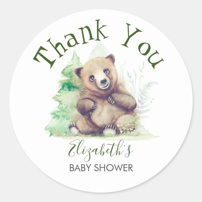 Baby Bear Woodland Babydusche Vielen Dank Runder Aufkleber (Vorderseite)