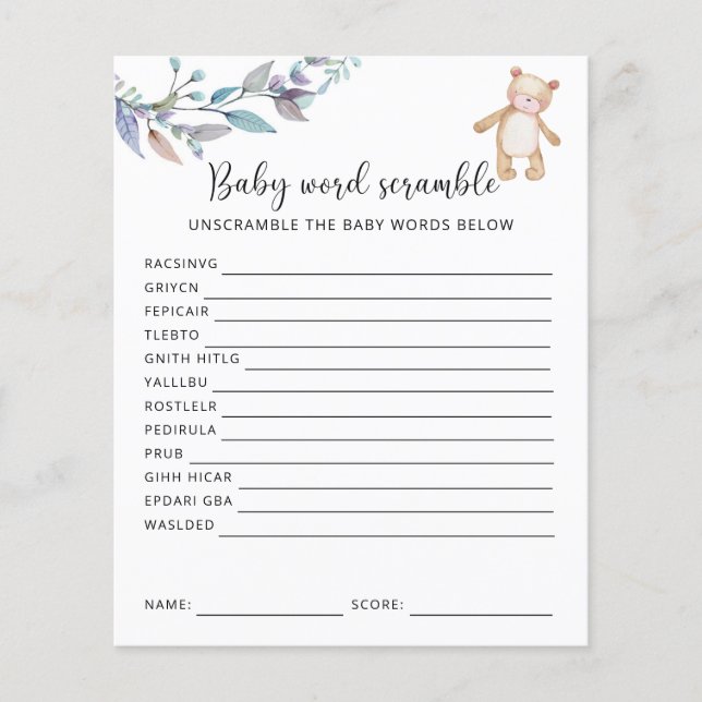 Baby Bear Word Scramble | Baby Showspiel (Vorderseite)