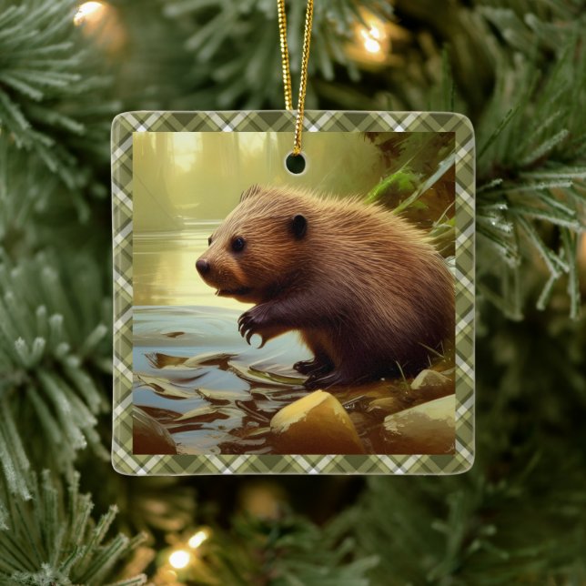 Baby Beaver Wildlife Portrait Personalisiert Keramikornament (Baum)