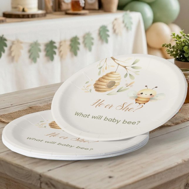 Baby Bee Er oder Sie Geschlechtsenthüllungs-Desser Pappteller (Baby Shower Paper Plate. He or She? What Will Baby Bee? Gender Reveal)