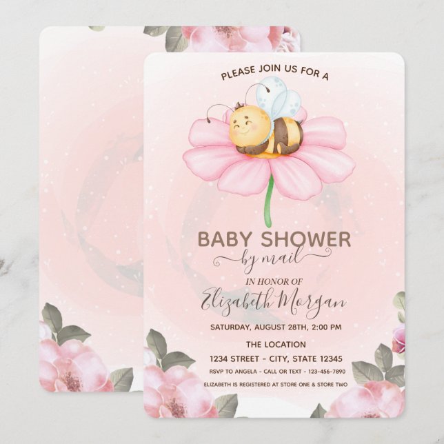 Baby Bee Floral Baby Shower Einladung (Vorne/Hinten)