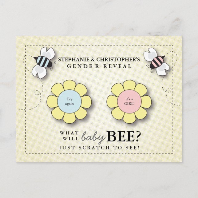 Baby Bee Gender Reveal Vortäuschung Scratcher Game Postkarte (Vorderseite)