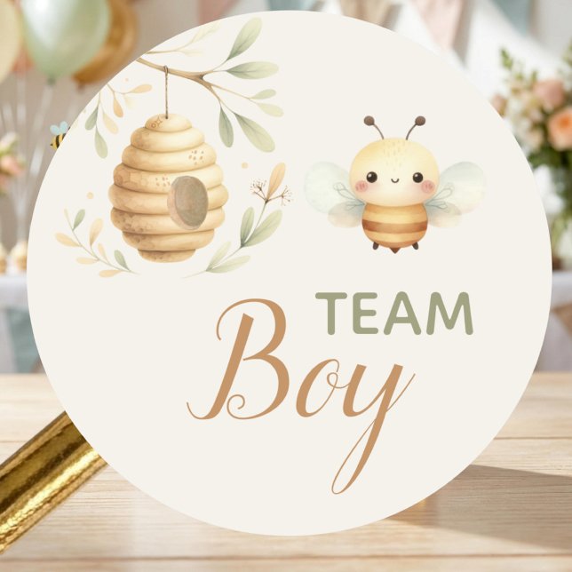 Baby Bee Team Junge Er oder Sie Geschlechtsenthüll Runder Aufkleber (Team Boy Honey Bee Gender Reveal Sticker. He or She? What Will Baby Bee? )