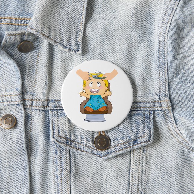 Baby bekommen Haarschnitt Funny Kids Friseur Shop Button (Von Creator hochgeladen)